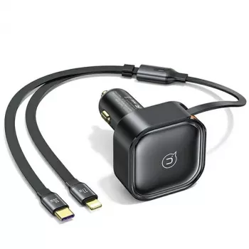 USAMS Car Charger with Retractable Cable 2xUSB-C C41 PD 30W Fast Charge Black CC220CC01 (US-CC220)
