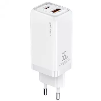USAMS T47 65W PD brzo punjenje Super Si zidni punjač s 1x USB-C i 1x USB-A, bijeli (CC153TC02)