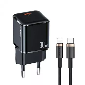 USAMS T45 30W PD3.0 USB-C brzi punjač s U63 USB-C na Lightning kabelom, crni, UXTZH01