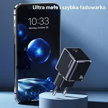 USAMS T45 30W PD3.0 USB-C brzi punjač s U63 USB-C na Lightning kabelom, crni, UXTZH01