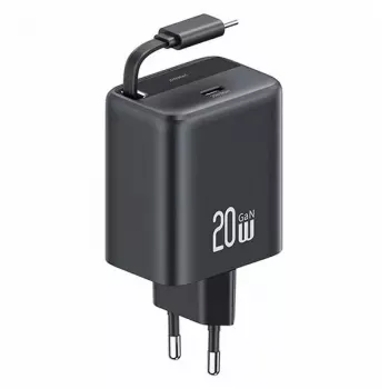 USAMS YC Series GaN 20W USB-C napajanje s uvlačivim kabelom, PD+QC brzo punjenje, crni (US-CC233)