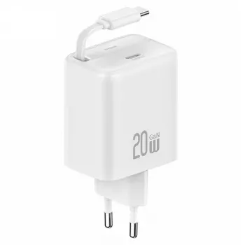 USAMS YC Series GaN 20W USB-C napajanje s uvlačivim USB-C kabelom, PD + QC brzo punjenje, bijelo (US-CC233)