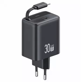 USAMS YC Series CC241TC01 30W GaN USB-C napajanje s uvlačivim USB-C kabelom, PD+QC brzo punjenje, crni