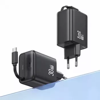 USAMS YC Series CC241TC01 30W GaN USB-C napajanje s uvlačivim USB-C kabelom, PD+QC brzo punjenje, crni