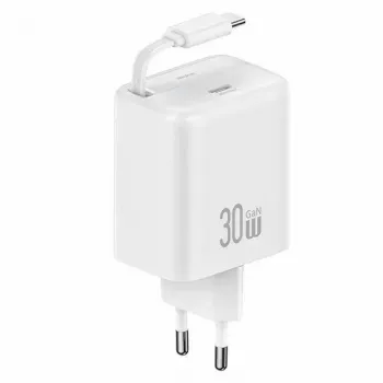 USAMS YC Series CC241TC02 30W GaN USB-C mrežni punjač s uvlačivim USB-C kabelom, PD+QC brzo punjenje, bijeli
