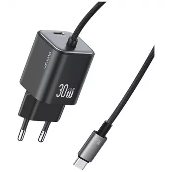 USAMS 30W GaN brzi punjač s USB-C kabelom (crni, EU utikač)