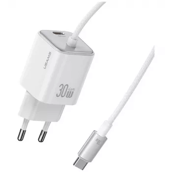 USAMS JC Series CC264 30W GaN mini brzi punjač, USB-C s integriranim USB-C kabelom, bijeli