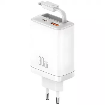 USAMS Xiang Series CC296 30W USB-C/USB-A punjač s USB-C kabelom bijeli