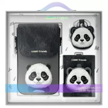Nimmy 3-u-1 set: torbica za mobitel + novčanik + futrola za tracker, crna, Big Eyed Pet 2.0 Panda