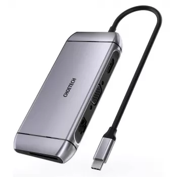 CHOETECH 9-u-1 USB-C višenamjenski hub - 3x USB 3.2 Gen 1, SD/TF čitač kartica, HDMI 4K 30Hz, VGA Full HD 60Hz, USB-C PD, RJ45 Gigabit Ethernet, sivi (HUB-M15)