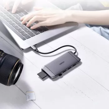 CHOETECH 9-u-1 USB-C višenamjenski hub - 3x USB 3.2 Gen 1, SD/TF čitač kartica, HDMI 4K 30Hz, VGA Full HD 60Hz, USB-C PD, RJ45 Gigabit Ethernet, sivi (HUB-M15)