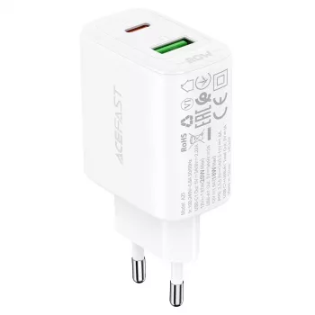 Acefast A25 zidni punjač, USB + USB-C, PD 20W (bijeli)