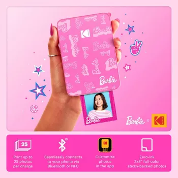 KODAK Step Slim Barbie prijenosni foto printer - Bluetooth 5.0, ZINK Zero Ink tehnologija, ispis 2x3 inch, Barbie Pink