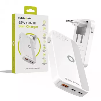 Mobile Origin 65W GaN Slim Dual USB-C Single USB-A zidni punjač, bijeli
