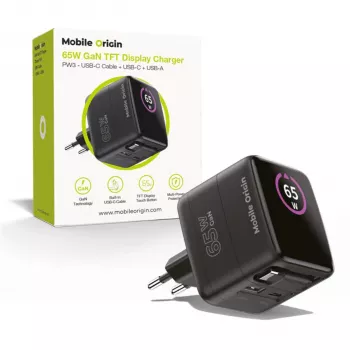 Mobile Origin 65W GaN punjač PW3 USB-C uvlačivi kabel 65cm + USB-A crni