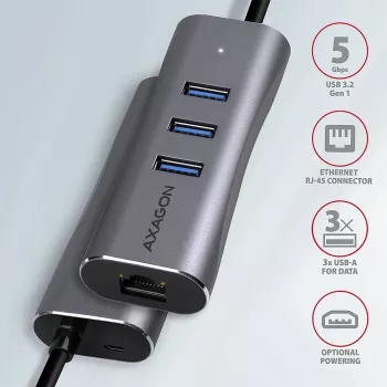AXAGON HMA-GL3AP višepriključni hub USB 3.0 Type-A Gbit LAN 3x USB-A