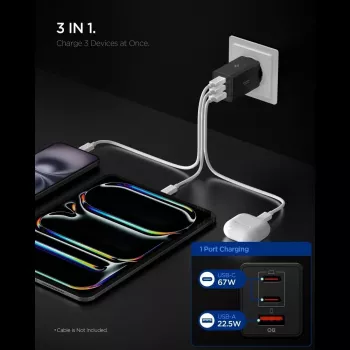 Spigen Essential EE673EU 67W GaN 3-portni USB-C/USB-A zidni punjač crni