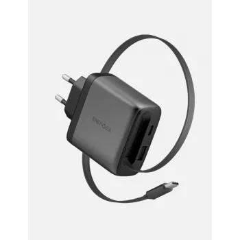 ENERGEA Ampcharge Arc 65W GaN USB-A/USB-C Wall Charger with Retractable USB-C Cable, Gunmetal