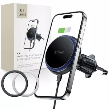 TECH-PROTECT MM15W-V4 magnetski MagSafe držač za auto na ventilaciji s bežičnim punjačem 15W crni
