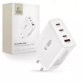 Tech-Protect NC100W-GAN 4-portni bijeli GaN zidni punjač 100W USB-C USB-A