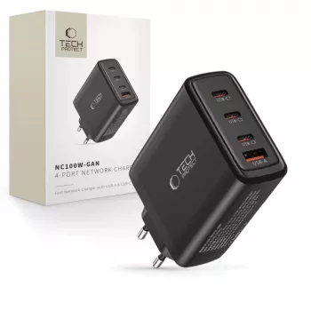 Tech-Protect NC100W-GAN 4-portni crni GaN zidni punjač 100W USB-C