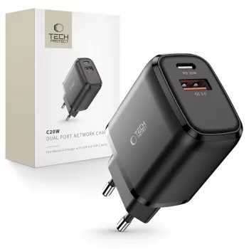 TECH-PROTECT C20W 2-portni mrežni punjač PD20W/QC3.0 crni