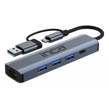 INCA Hub IUTP-5T USB-C/A na 3x USB-A 3.0 / RJ45 5 Gbit/s sivi