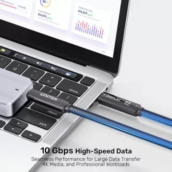 UNITEK USB-C aktivni optički kabel 5m - 10Gbps, PD 60W, 8K@30Hz, crni