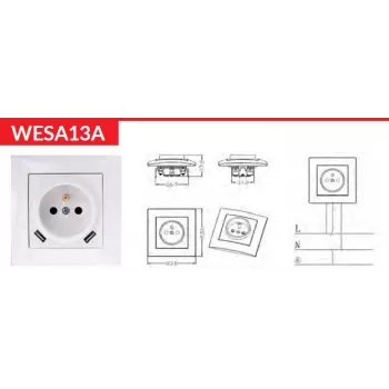 VCX WESA LC 13A pojedinačna utičnica s USB punjačem bijela