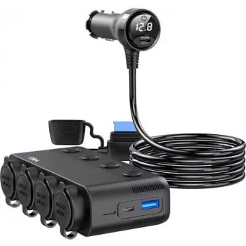 MBG Line HS75AD razdjelnik za upaljač s 2 utičnice i 3 USB priključka, 75 cm kabel, crni