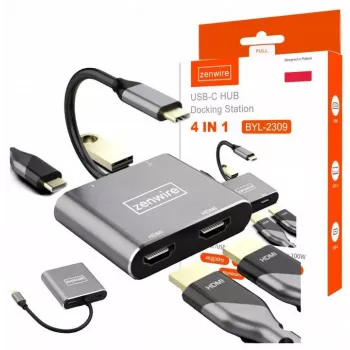 ZENWIRE USB-C hub 4-u-1 adapter 2x HDMI 4K USB 3.0 siva BYL-2309