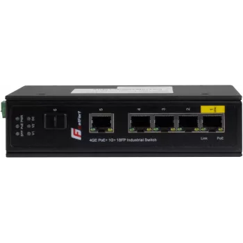 GETFORT GF-110-4PG-1G-1S industrijski PoE+ preklopnik, 4x PoE+ 10/100/1000Base-T + 1x 10/100/1000Base-T + 1x 1000Base-X SFP, -40°C do 80°C, DIN tračnica, 65W PoE proračun