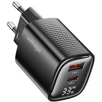Voltage GaN punjač Mini 33W PD 3.0 QC 3.0 USB-A USB-C digitalni zaslon crni