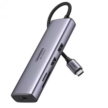UGREEN 60515 7-u-1 USB-C hub, 4K 60 Hz HDMI, Ethernet, 100 W PD, sivi