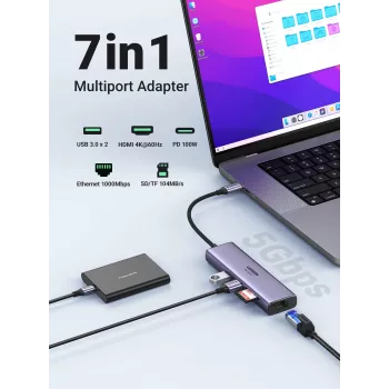 UGREEN 60515 7-u-1 USB-C hub, 4K 60 Hz HDMI, Ethernet, 100 W PD, sivi