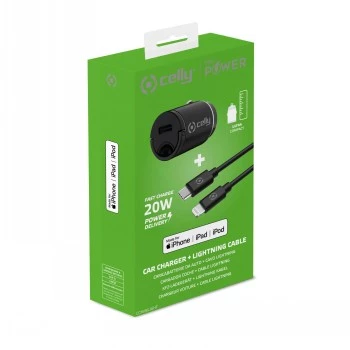 CELLY CCMINILIGHT – auto punjač USB-C + USB-C na Lightning kabel 20W [PRO POWER]