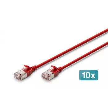 DIGITUS CAT 6A F/FTP Slim patch kabel, 0,3 m, crveni, 10 komada, LSZH, 10G Ethernet, RJ45