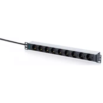 DIGITUS 9-struka Schuko utična letvica s aluminijskim profilom, 1U rack montaža, 2m kabel, 16A, 3680W, crno-srebrna