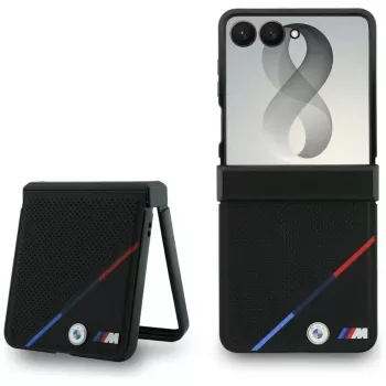 BMW M Leather Perforated Tricolor Stripe MagSafe Case for Samsung Galaxy Z Flip8 - Black