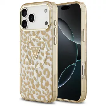 GUESS IML Leopard Glitter Triangle Logo MagSafe futrola za iPhone 18 Pro / 17 Pro, smeđa