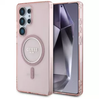 GUESS Glitter Circle Classic Logo MagSafe maska za Samsung Galaxy S25 Ultra - pink