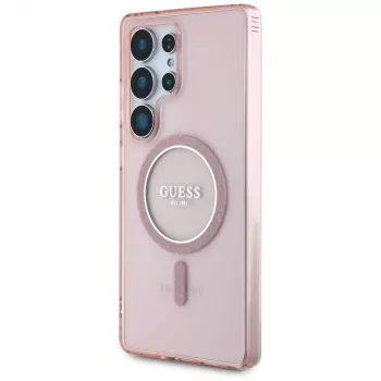 GUESS Glitter Circle Classic Logo MagSafe maska za Samsung Galaxy S25 Ultra - pink