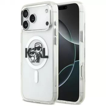 Karl Lagerfeld IML Glitter Karl & Choupette Sketch Logo MagSafe futrola za iPhone 17 Pro Max, prozirna