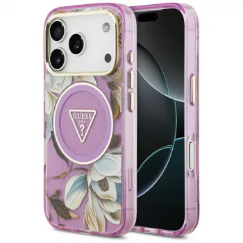 GUESS IML Glitter Flowers Triangle MagSafe futrola za iPhone 18 Pro / 17 Pro - ljubičasta