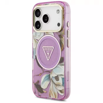 GUESS IML Glitter Flowers Triangle MagSafe futrola za iPhone 18 Pro / 17 Pro - ljubičasta