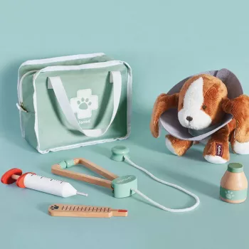 Janod veterinarski set - set za igru uloga od 10 komada s drvenim instrumentima i platnenom torbicom