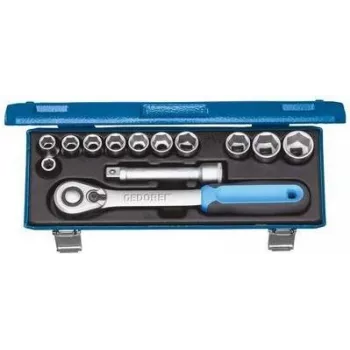 GEDORE metrički set nasadnih ključeva 1/2 inch pogon, 13 komada, 6-kutni, 10-32 mm, s račnom, produžecima i kardanskim zglobom, u čeličnoj kutiji