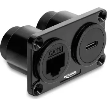 Delock dvostruki panel-mount adapter USB 10 Gbps USB Type-C™ utičnica PD 100 W + RJ45 utičnica Cat.6 crni