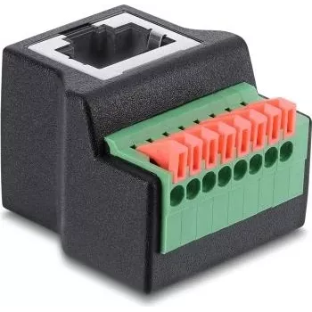 Delock adapter RJ45 utičnica na 8-pinsku stezaljku, zakrenut 90°, tipka, crni