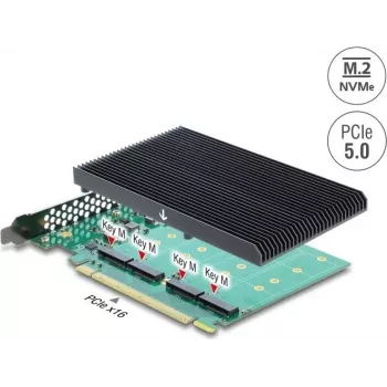Delock PCI Express 5.0 x16 kartica na 4 x interne NVMe M.2 Key M s hladilom – bifurkacija